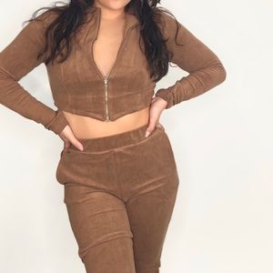 Brown fleece track suit set